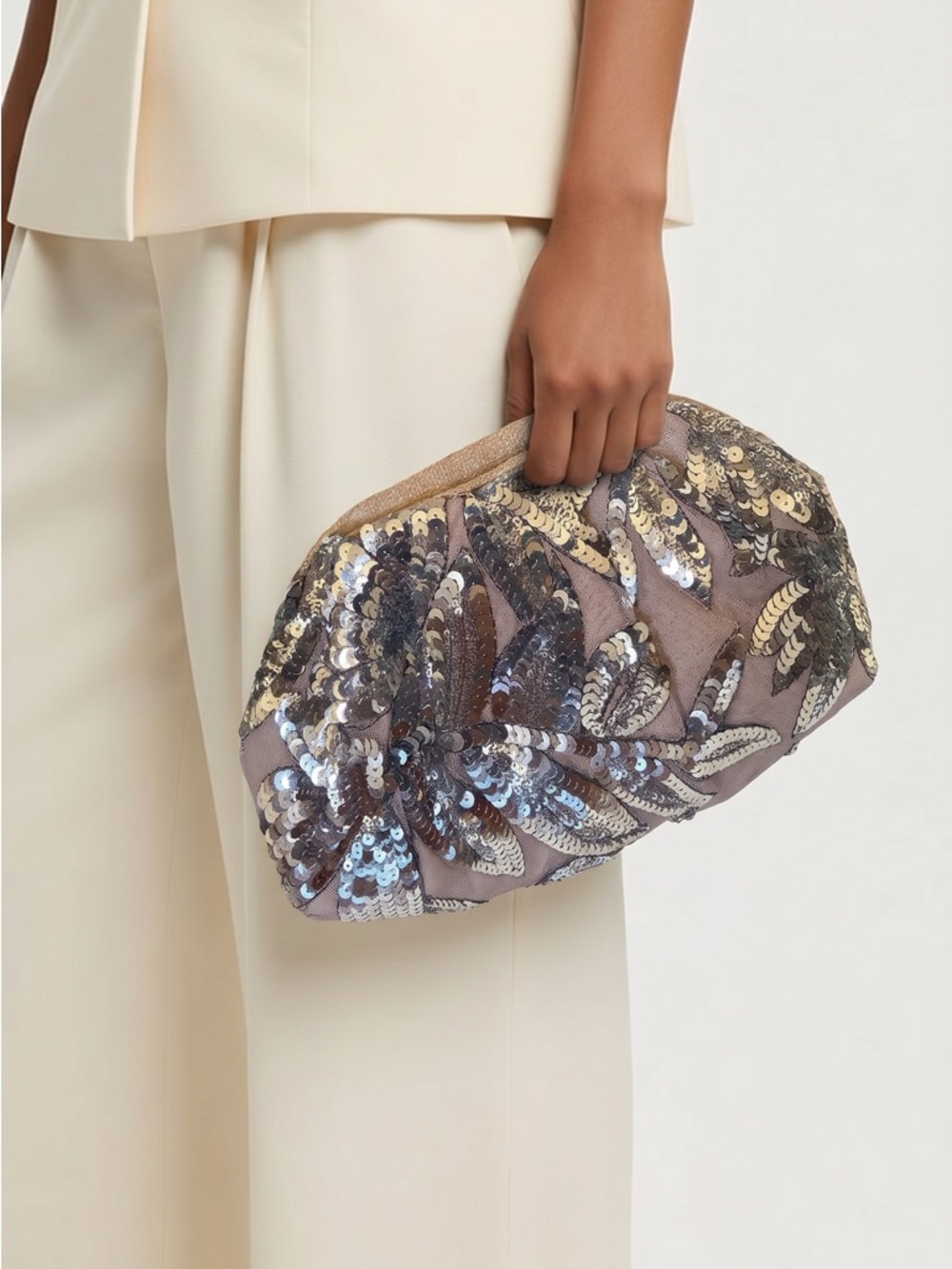 Sequined Leaf Clutch Bag in Taupe and Gold